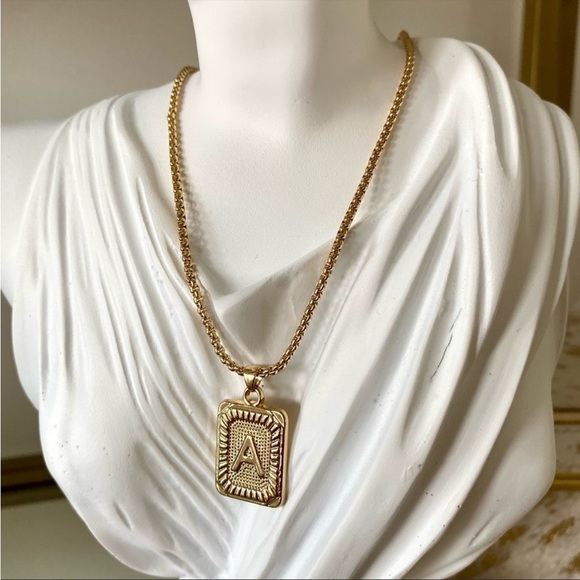 boutique Jewelry - Gold Initial Necklace Letter Chainlink Card Tablet Greek Key Style A